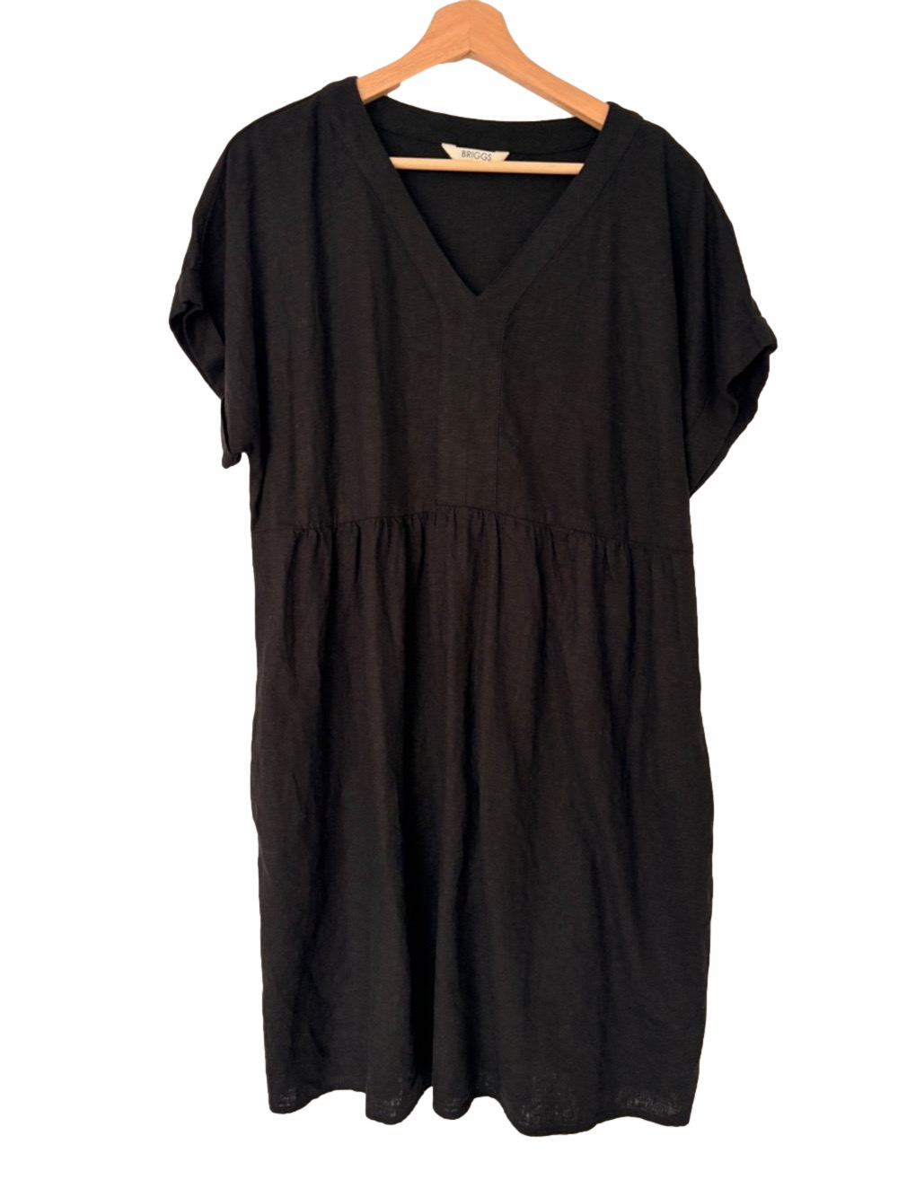 BRIGGS NEW YORK BLACK LINEN RAYON DOLMAN SLEEVE V-NECK CASUAL DRESS, LARGE